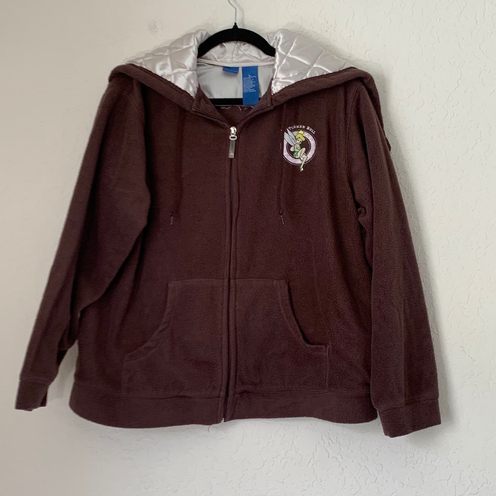 VTG Disney Tinker Bell Hoodie Jacket L Brown Fleece Zip Split Hood Fairy 90s Y2K